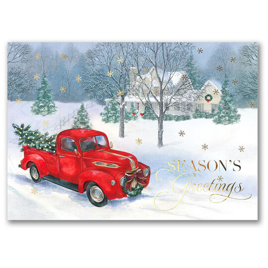 Charming Red Pickup in Winter Holiday Cards
